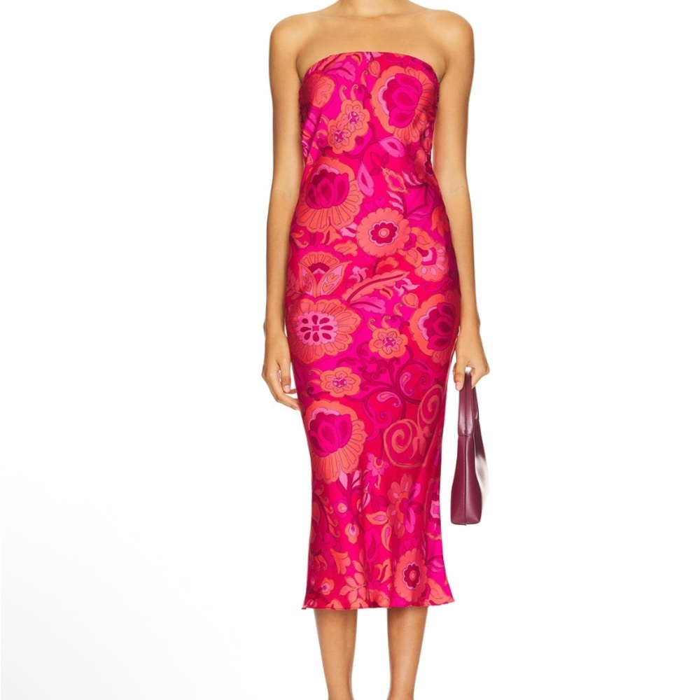 MISA Los Angeles Floral Silk Strapless Midi Dress